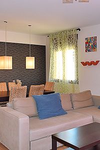 Imagen vertical de parte del salón del apartamento donde se ve el sofá y detrás la mesa de comedor.